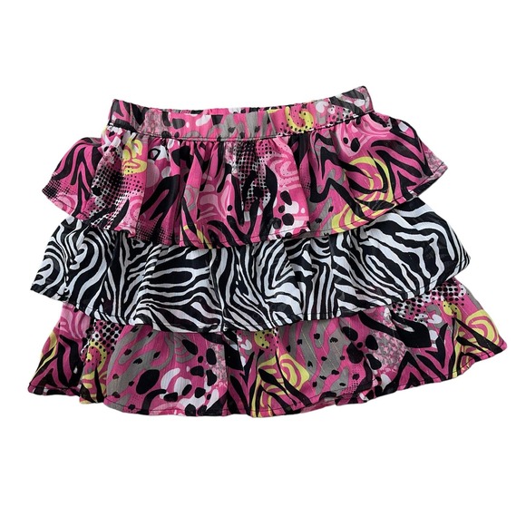 Girls 6 Pink Floral Zebra Print Ruffle Tiered Stretch Lined Skirt Metallic - Picture 1 of 1